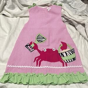 Zubels 4t pink seersucker a line dress ruffled hemline beach crab appliqué euc